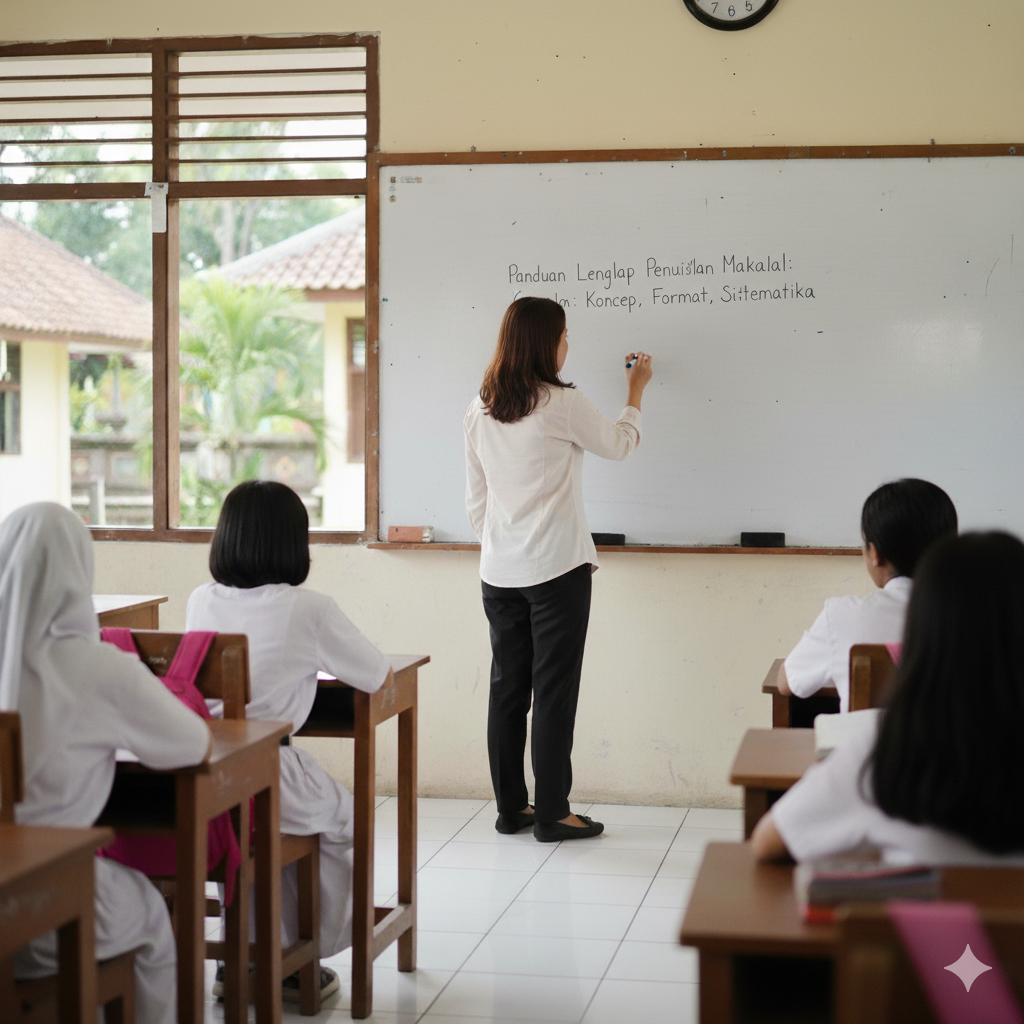 Seorang guru sedang menjelaskan Penulisan Makalah